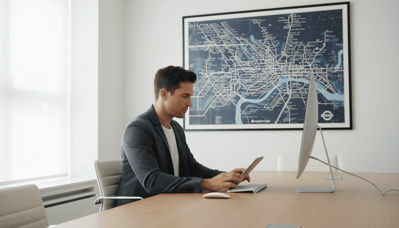 Person working at desk with map of Antwerp in background.