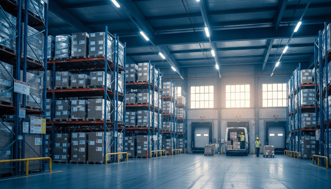 Modern logistics warehouse with organized cargo and delivery vehicle loading