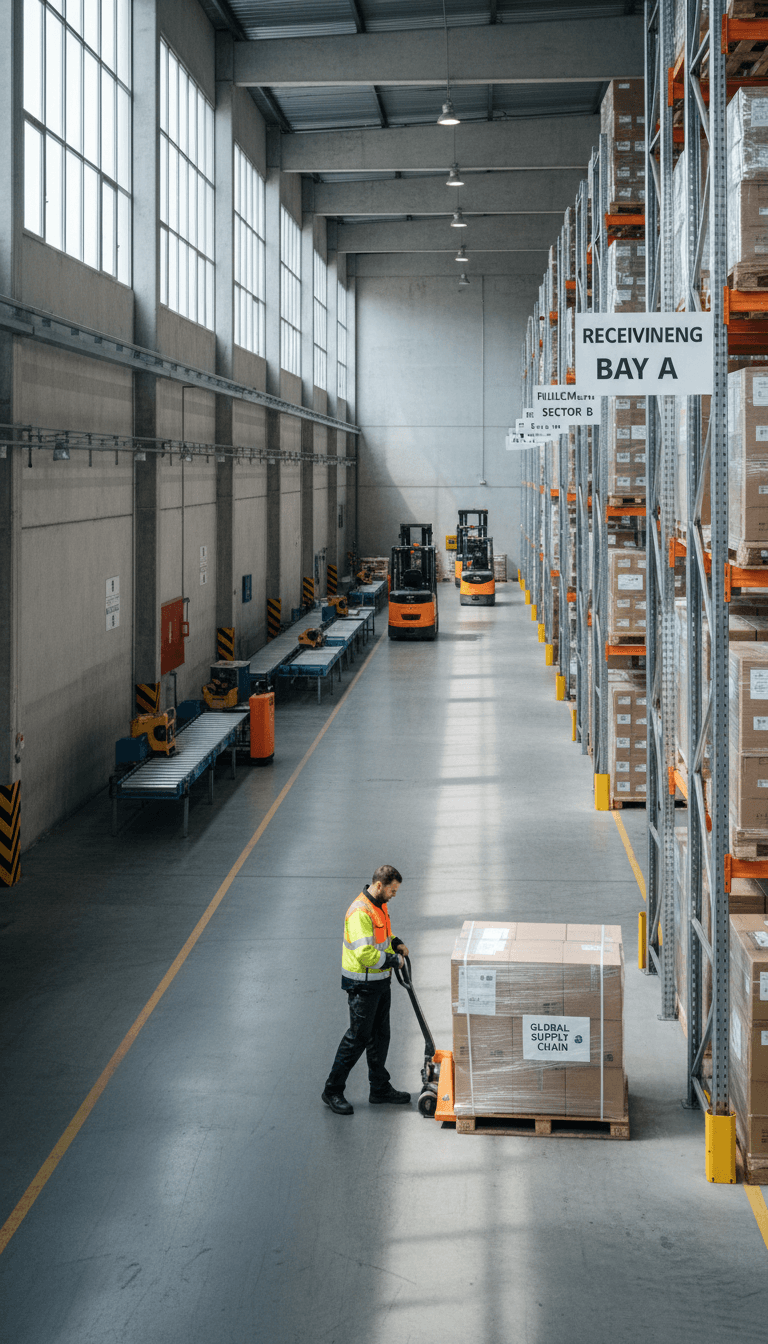 Professional logistics warehouse worker carefully organizing shipments on storage shelving