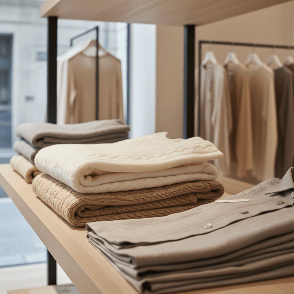 Neatly folded neutral-toned sweaters and linens displayed on wooden shelf with soft natural lighting highlighting fabric textures