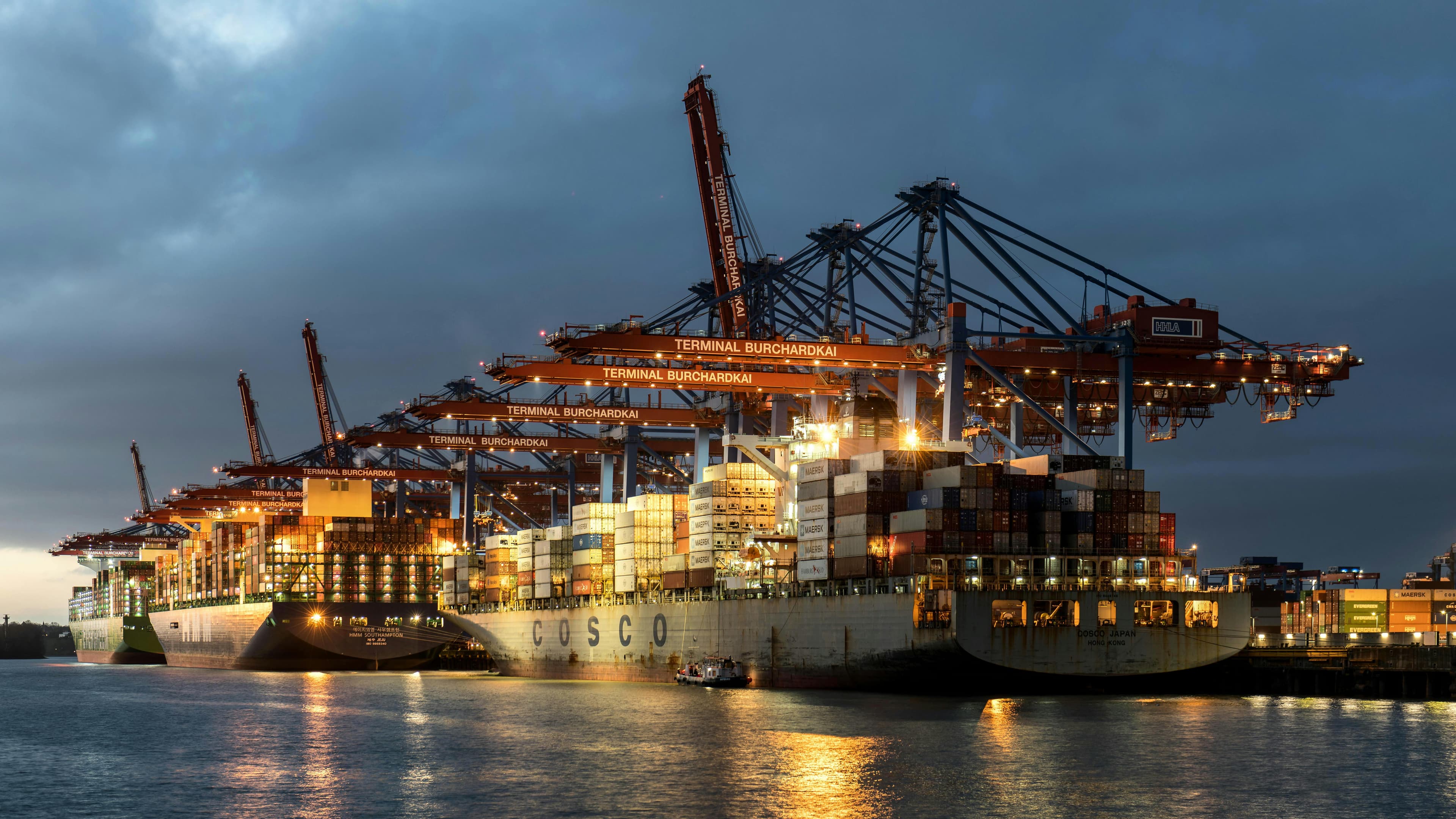 Illuminated container ships and towering gantry cranes at a busy shipping terminal at dusk.